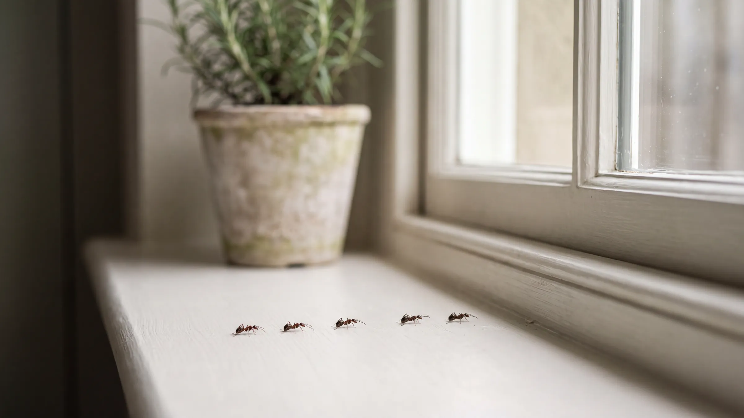 A short trail of small garden ants crossing a white kitchen windowsill beside a potted herb