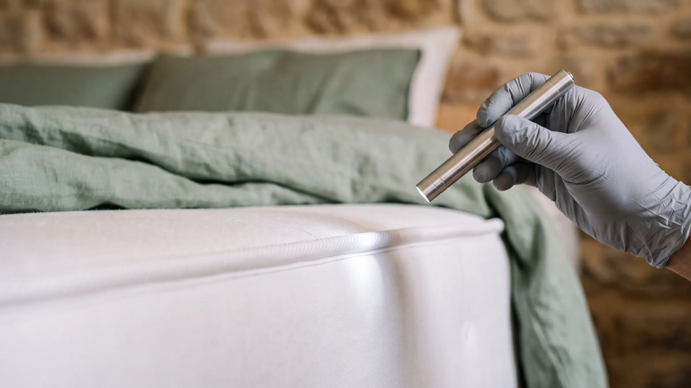 A gloved hand shining a small torch along the piped seam of a white mattress during a bed bug inspection