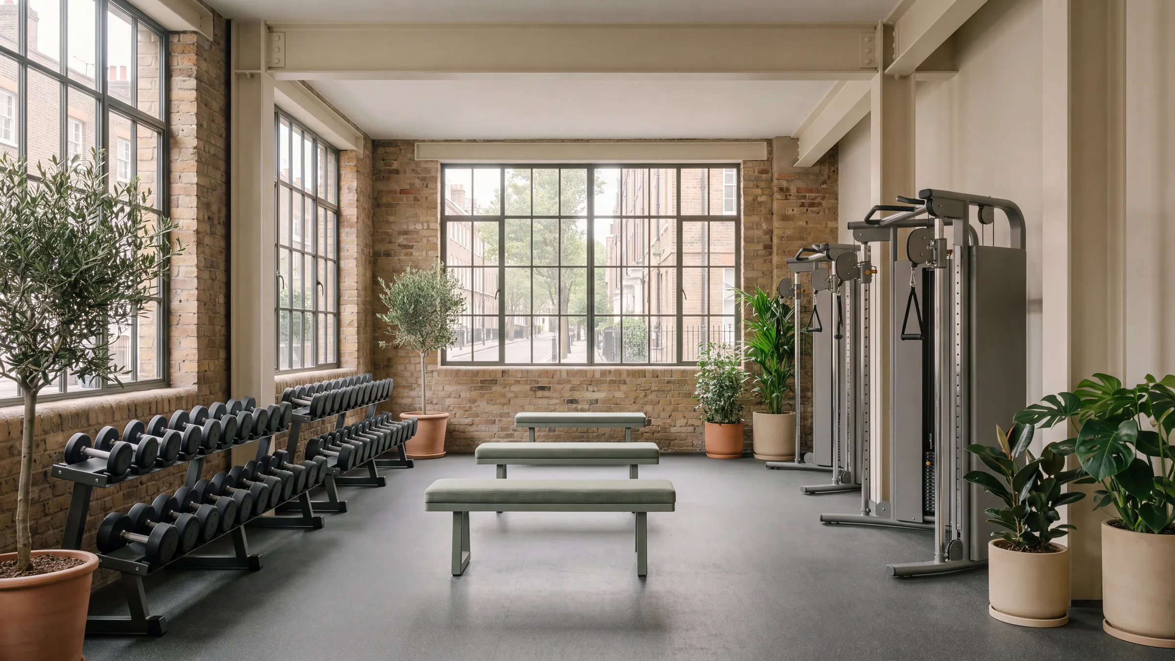 An empty gym floor in a converted London brick building with dumbbell racks, sage benches and cable machines under tall steel windows