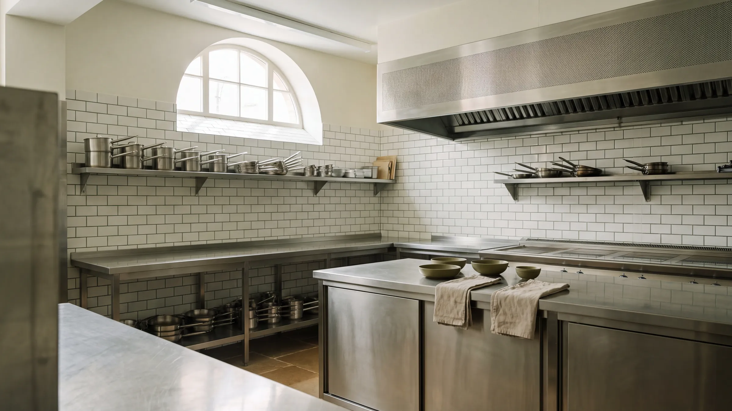 A spotless commercial kitchen with stainless steel benches, an extraction canopy and neatly stacked pans
