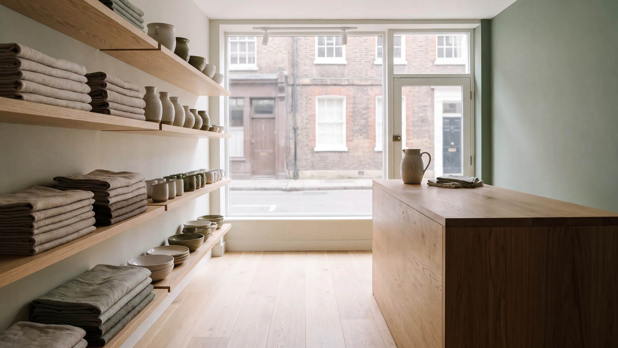 A tidy independent shop interior with oak shelves of folded linen and stoneware and a timber counter by the front window