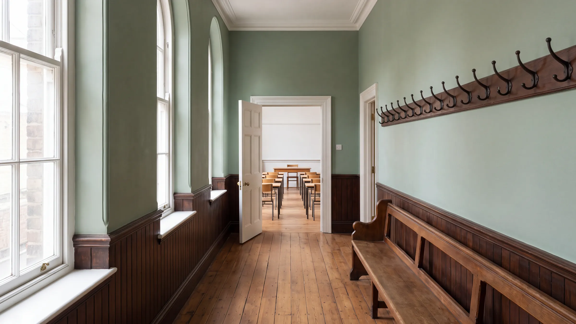An empty school corridor with sage walls, arched windows, coat hooks and a wooden bench, opening onto a tidy classroom