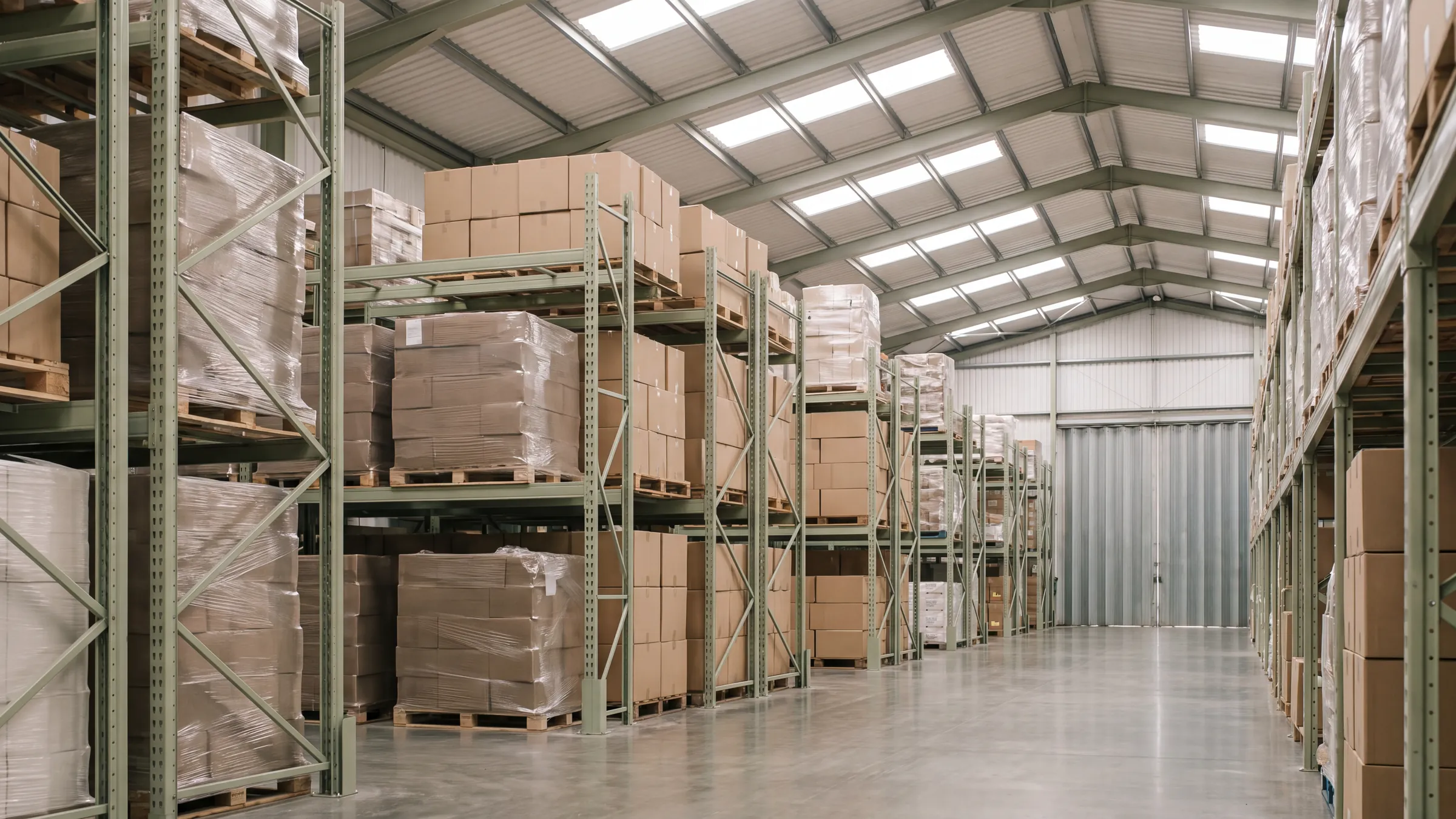 A clean warehouse aisle with pale green racking, wrapped pallets and a polished concrete floor