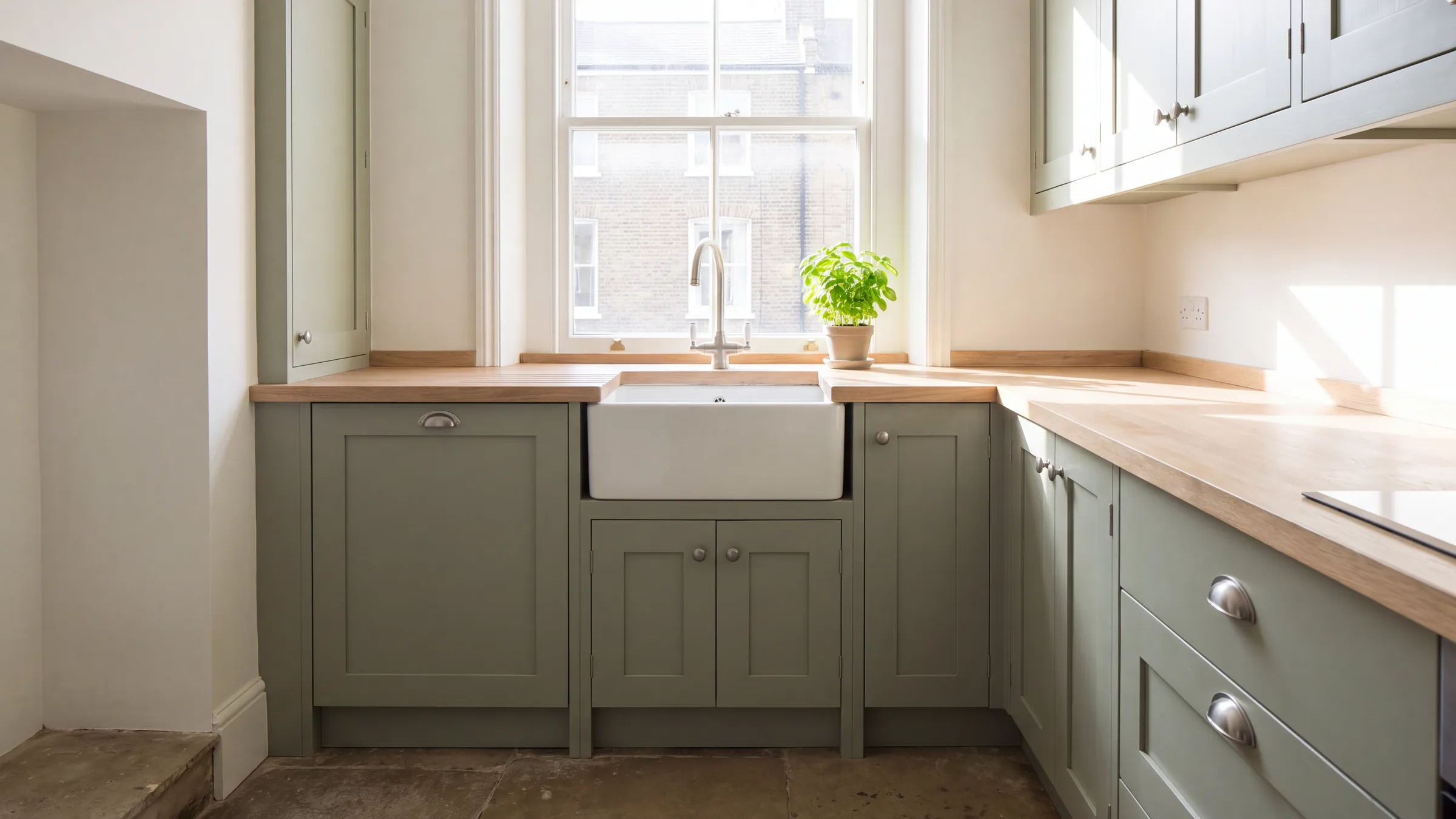A bright, spotless London kitchen with sage green cabinets, an oak worktop and a butler sink under a sash window