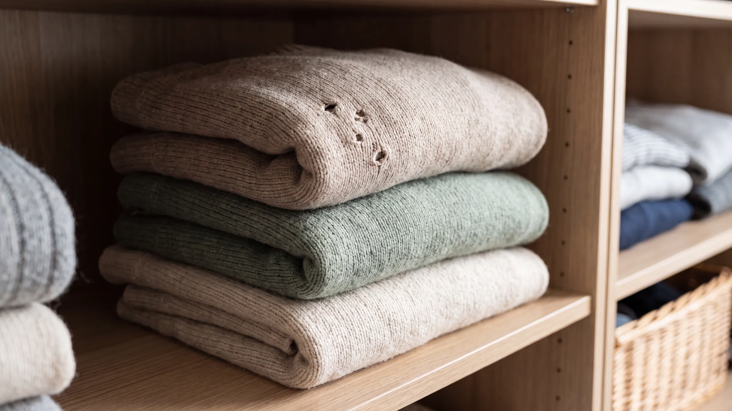 Folded wool jumpers on a wardrobe shelf, the top one showing small moth holes