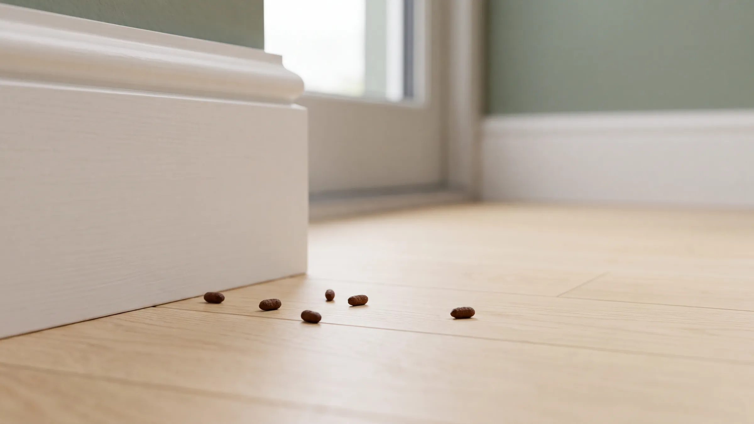 A few small mouse droppings on an oak floor beside a white skirting board