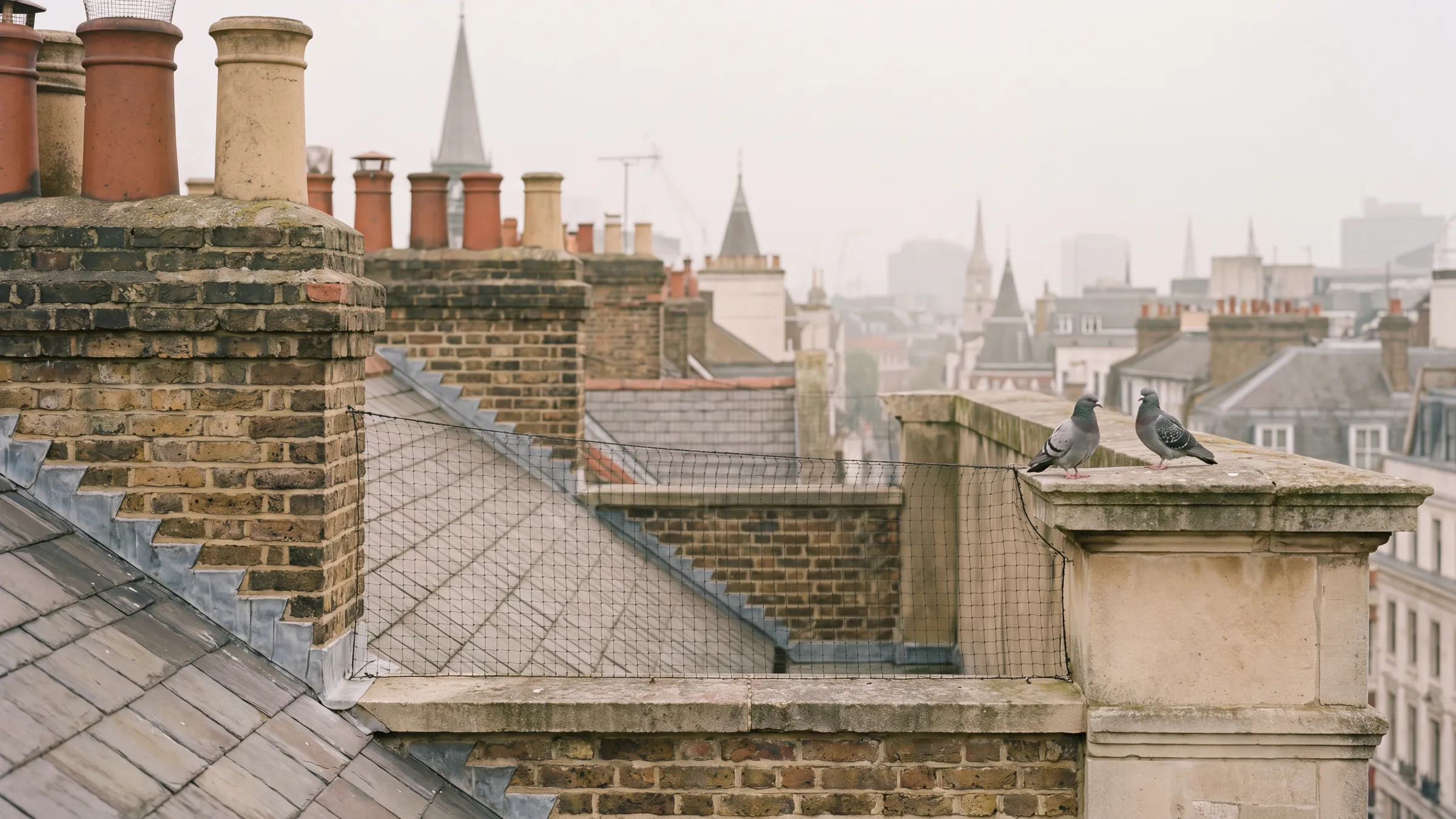 Fine bird proofing netting fitted on a London rooftop with two pigeons perched on a nearby parapet