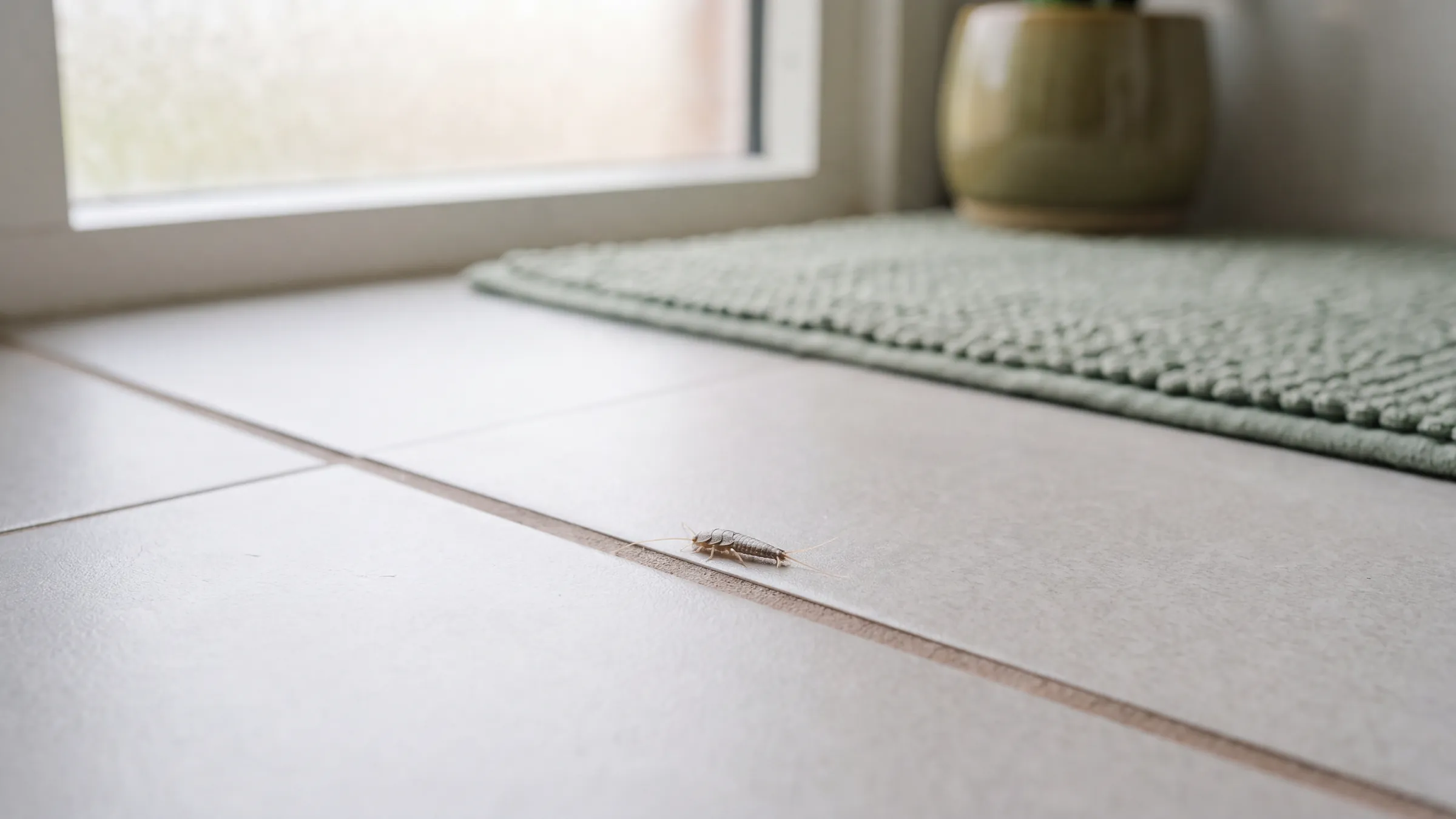 A single silverfish on pale grey bathroom floor tiles near a bath mat