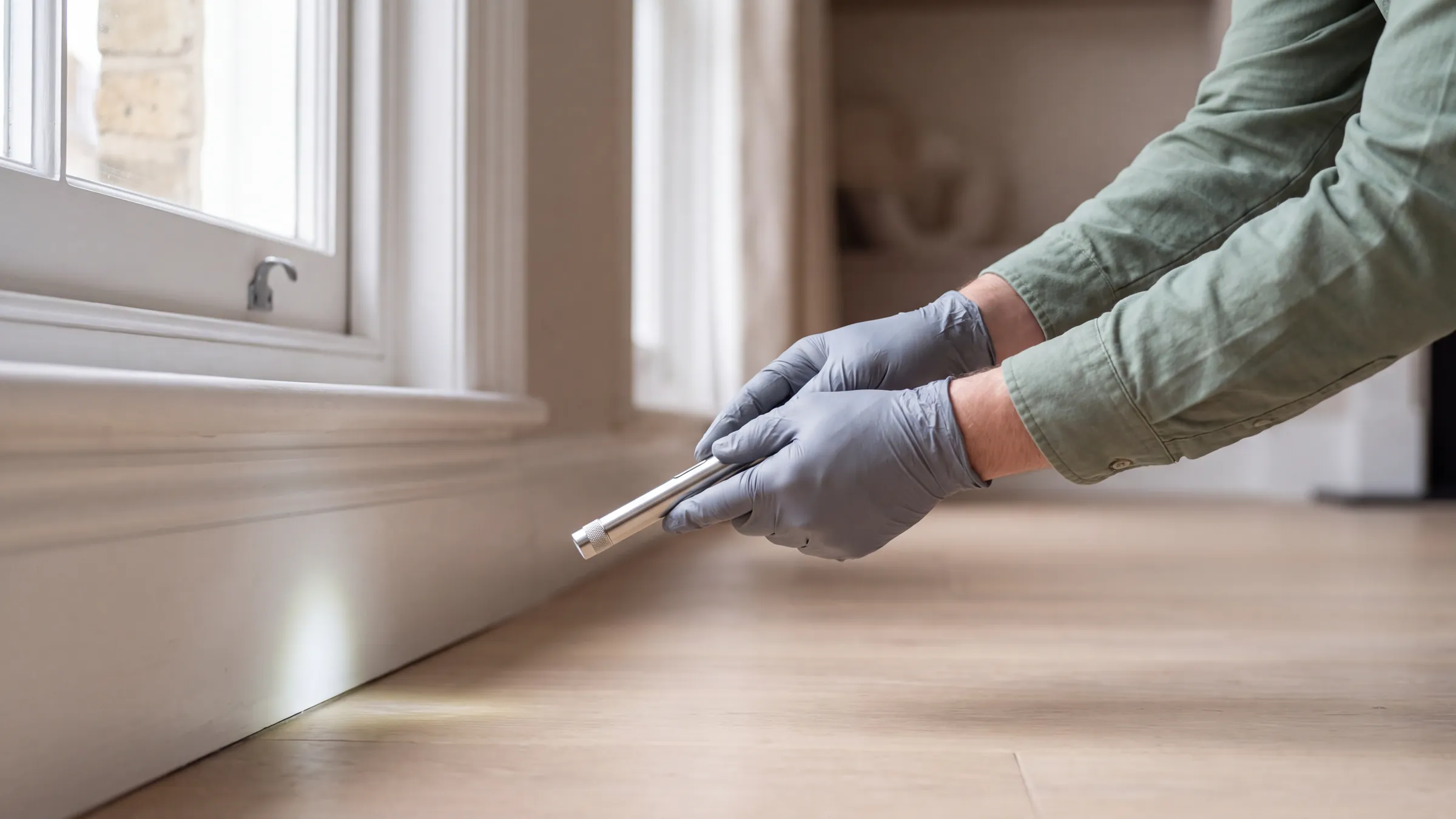 Gloved hands shining a slim torch along the base of a white skirting board during a pest inspection