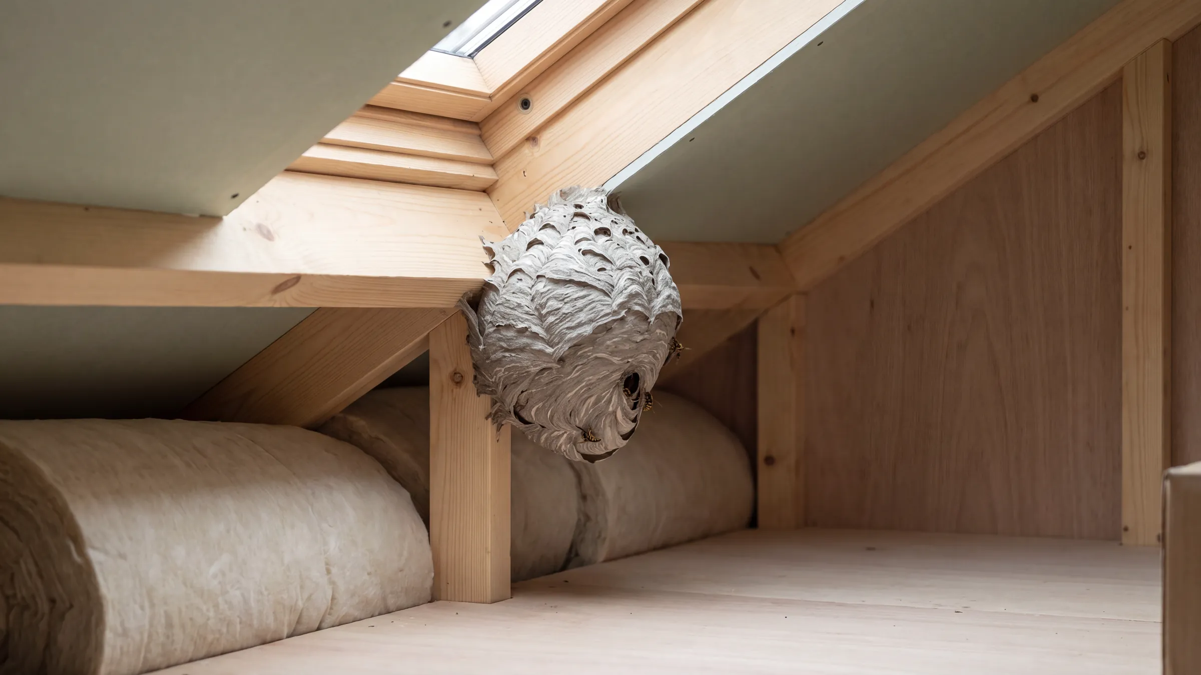 A grey papery wasp nest hanging from a timber rafter in a tidy loft beside a roof window